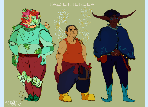 Taz: Ethersea[Id: Drawing of the Player characters of Taz: Ethersea. First is Zoox, a large colorful