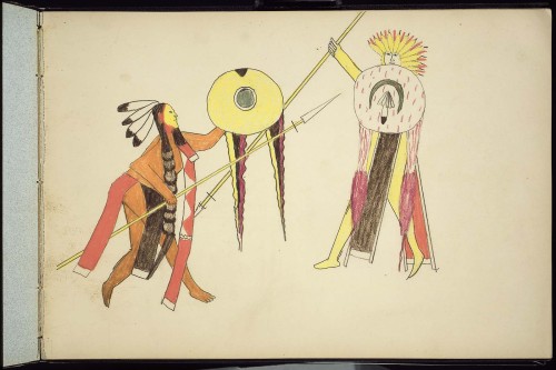 Art by Silver Horn or Huangooah, Kiowa Apache, bound sketchbook, 1885