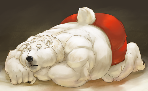 A big pudgy polar bear taking a nap belly down because with a big fluffy belly like that, bet it cou