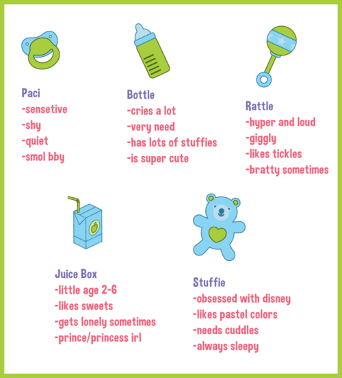 pinklittleprincesss:  misspyropotatoes:   cuteepieprincess:   littleonabudget:  I’m juice box! Which one are you? :)  I’m paci 💕   Literally all of them. No joke    i’m paciiii  I’m juice box stuffie!!!