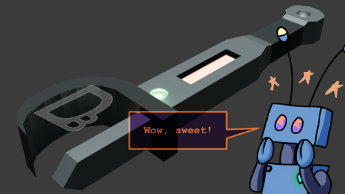 A 3D render of a blocky wrench, with embedded parts glowing orange and green with other glows highlighting a hole at the back and the dark-grey curved jaw at the front. Ica (a sand-blue robot with dark-blue tube limbs) stares in awe, saying "Wow, sweet!"