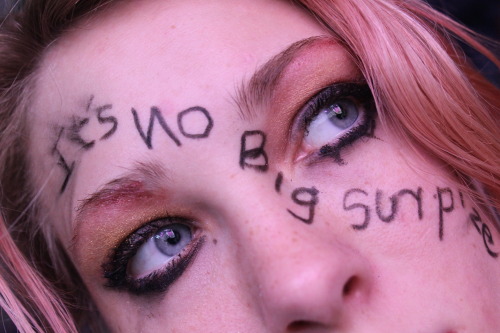 bodyelectricm:  evenifshefallsonthedancefloor:   Childlike Dependance (series) “it’s No Big Surprise” (lyrics from Twin Sized Mattress by The Front Bottoms) written in black eyeliner in a crude childlike font.     .