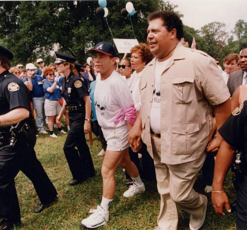 Elton John (b. March 25, 1940) and Atlanta Mayor Maynard Jackson, Atlanta AIDS Walk, Atlanta, Georgi