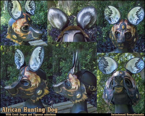 misterswinehound:  A mystic African Wild Dog appears…  This is another collaboration between Swinehound and Bonepilestudio.  I created the basic mask and they add the cabochons and painted the mask, adding metallic touches and the great fur patterns.