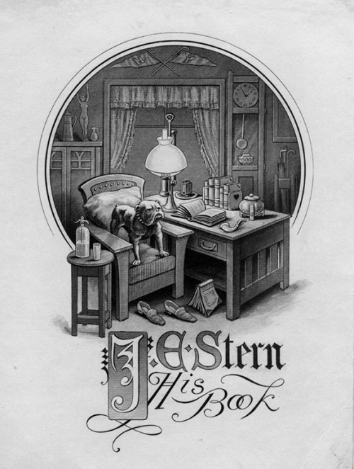 Bookplate of J.E. Stern.States: &lsquo;J.E. Stern - His Book;&rsquo; depicts a man&rsquo;s room, wit