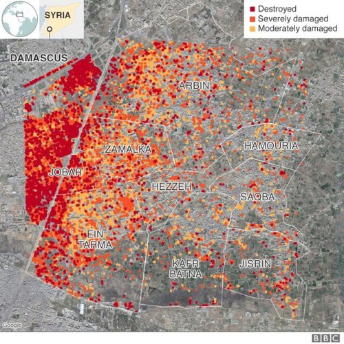 Satellite imagery analysis reveals the terrible destruction of Eastern Ghouta Syria.