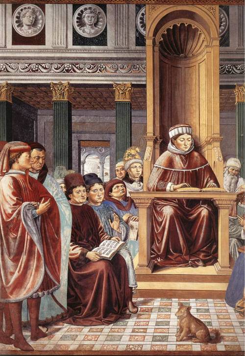 benozzo-gozzoli:St. Augustine Reading Rhetoric and Philosophy at the School of Rome (detail), 1465, 