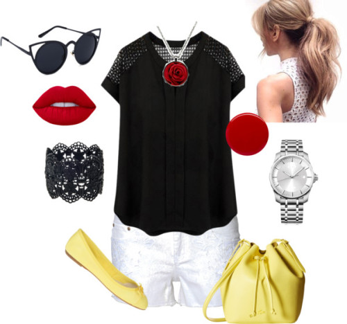 Pops of Color - Plus Size by rhiannonschimmel featuring a beige pursePlus size shirt / Dex shorts / 