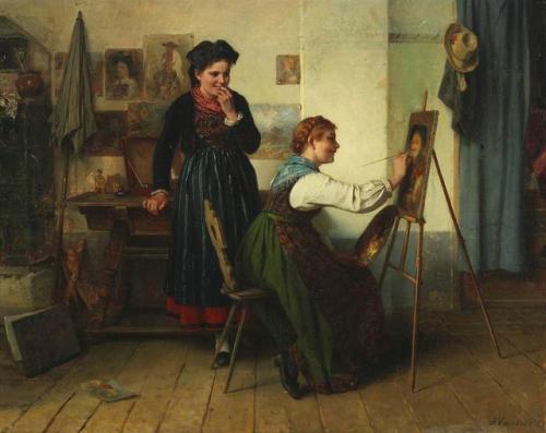 Interior of a studio with two women (1886). Marc Louis Benjamin Vautier the Elder (Swiss, 1829-1898)