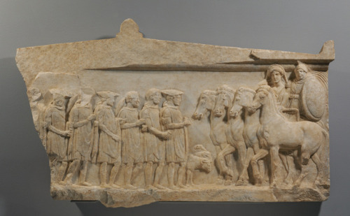 A section of a votive relief that depicts Achilles and Thetis. The Greek hero Achilles is recognisab