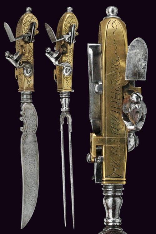 coolartefact:A knife and a fork with flintlock pistol,Germany 18th century. Source: https://imgur.co