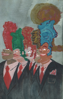 5x8&quot; Graphite, watercolor, and ink on paper Another experiment where I responded to the stains in the page I&rsquo;d prepared.  It seemed to me that a buncha politicians with Beavis hairstyles looking satisfied-ly off into the distance opposite