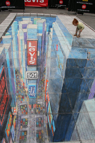 unknowngenre:  3D Pavement Drawings by Julian Beever  Anamorphic illusions are drawn in a special distortion in order to create an impression of 3 dimensions when seen from one particular viewpoint.  more 
