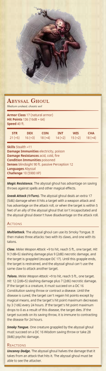 Abyssal GhoulMedium undead, chaotic evilArmor Class 17 (natural armor)Hit Points 136 (16d8 + 64)Spee