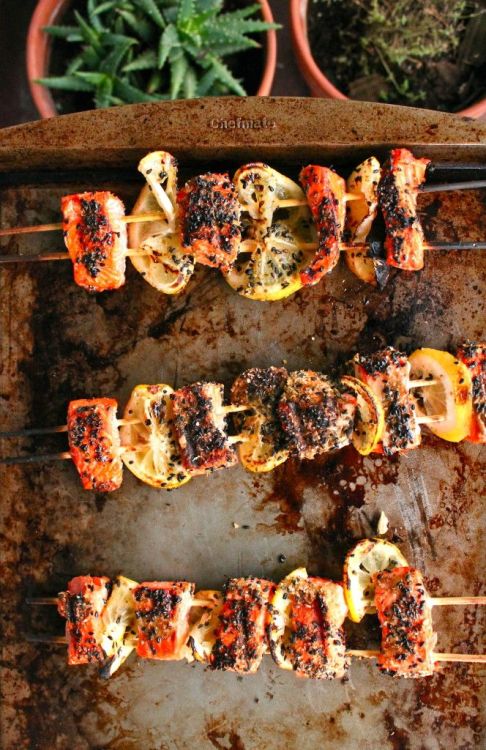intensefoodcravings:Spiced Salmon Kebabs with Lemon