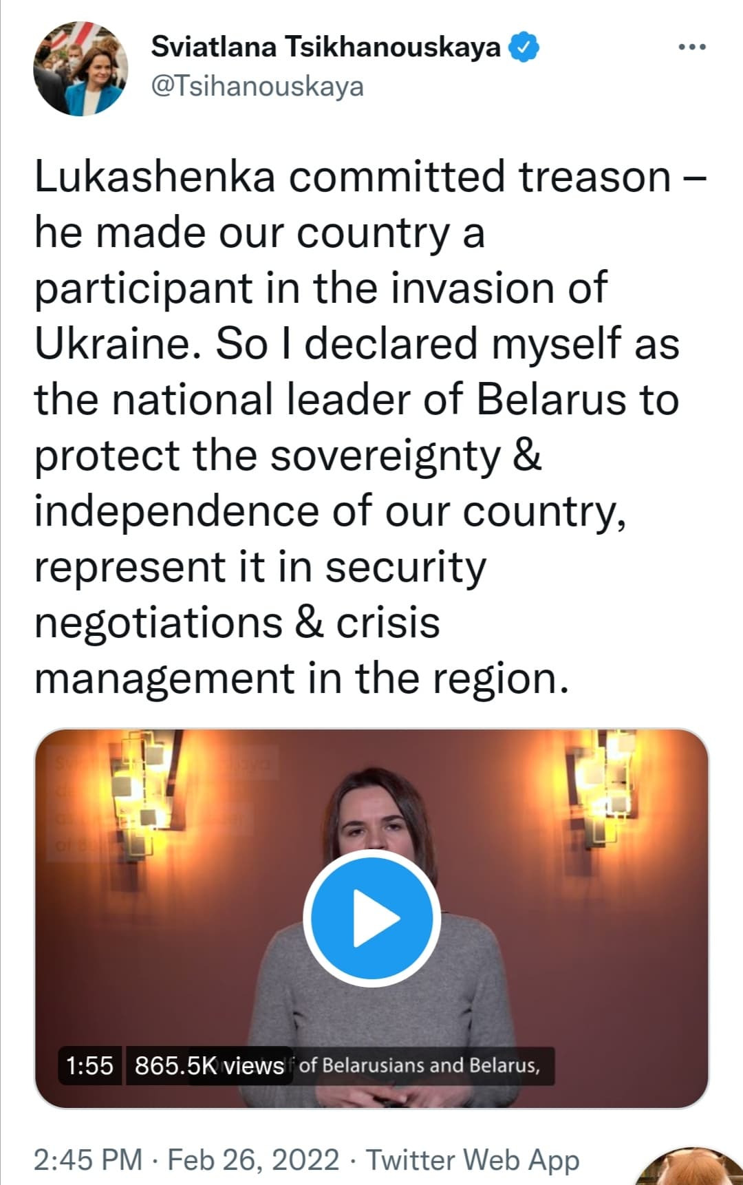 Tweet from Sviatlana Tsikhanouskaya reads: Lukashenka committed treason - he made our country a participant in the invasion of Ukraine. So I declared myself as the national leader of Belarus to protect the sovereignty & independence of our country, represent it in security negotiations & crisis management in the region