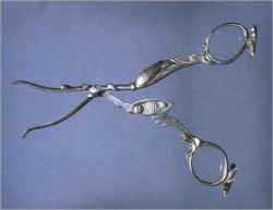 deformutilated:  Stork scissors, that are not actually scissors but clamps that were used by midwives in the 1800’s to tie off the umbilical cord after a woman gave birth 