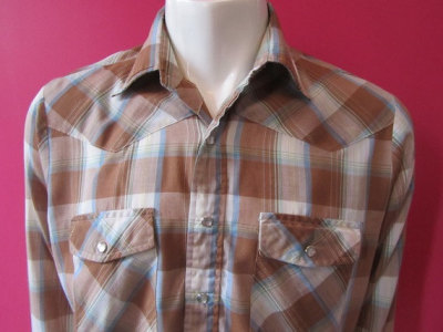 Mens LARGE cowboy shirt, JC Penney, vintage, brown, light blue and gold metallic plaid, pearl snaps from Vintrowear.com