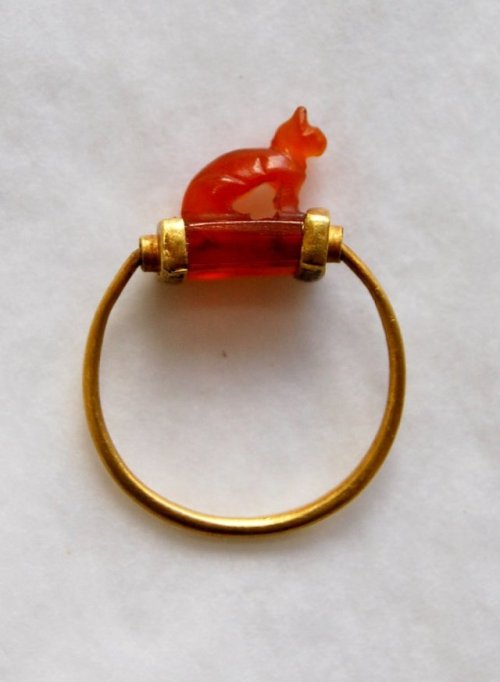 Gold Finger Ring with Cat Bezel Ancient Egyptian gold ring with carnelian bezel carved into a c