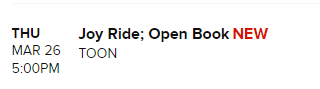 TV Guide now lists “Joy Ride” for March 26th! (note: “Open Book” is already