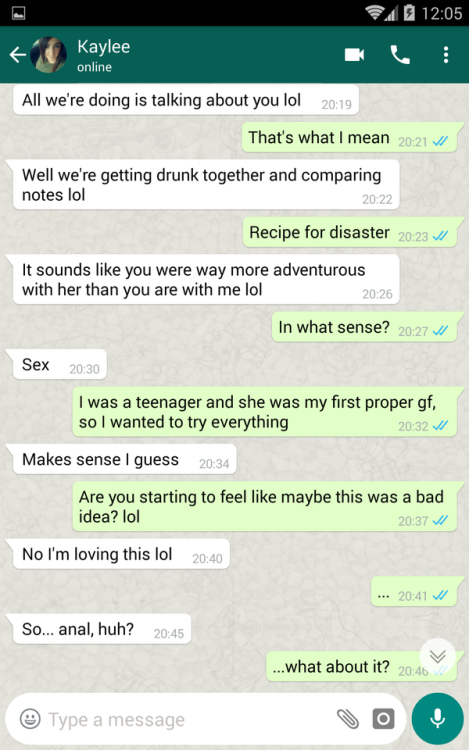 naughtypeopletexts:GF chats with her BF’s ex, comes out of her shell.