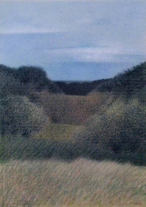huariqueje:  Valley View (Pointillist Landscape)   -     Keith New,1989. British, 1926–2012  pastel 