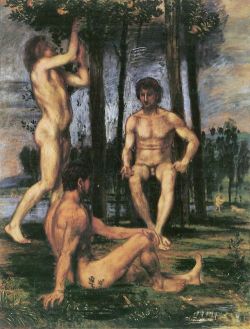 vintagemusclemen:Three Men under the Orange Trees was painted by von Marees in Italy in 1878.