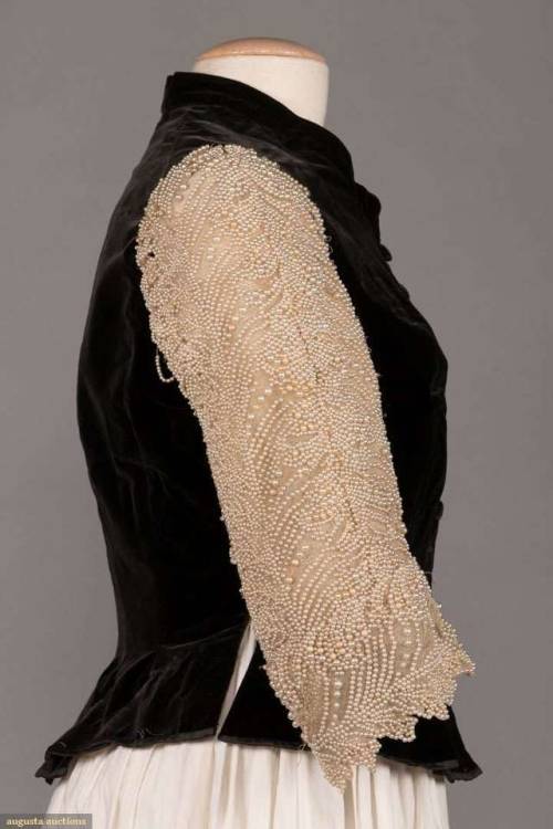 CHARLES WORTH PEARL BEADED EVENING BODICE, c. 18801880s black Victorian bodice, center front button 