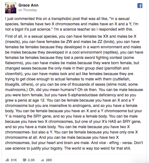 but-im-a-tomboy: Transgender Day of Visibility 2017 Reposting this A+ response from a biology t