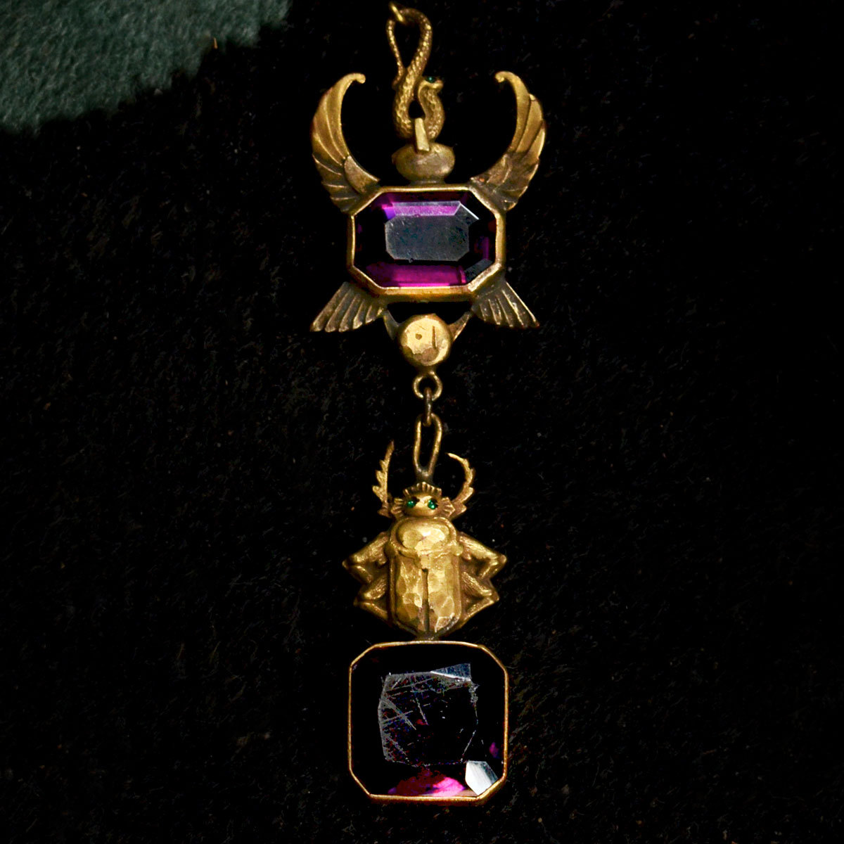 eriebasin:  1890s Egyptian Revival Watch Fob, Gilt Brass, Purple Crystal, 3.75”