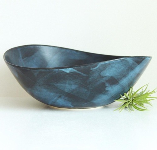 Asymmetrical porcelain Tilt Bowl with a snazzy satin black and blue finish. Available now in my Etsy