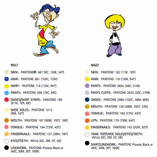 edsophile:  Here are the color charts from the Ed Edd n Eddy Style Guide. These are the official recommended colors for creating merchandise for the series. I’ve also included some of the color model sheets used in the production of EEnE because oddly