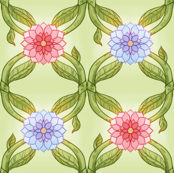 Tiled background with blue and pink flowers and green vines