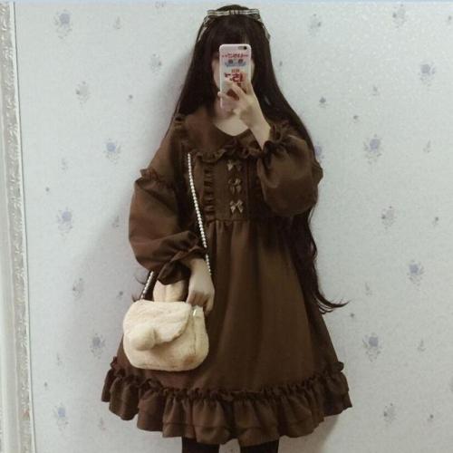 Lolita Retro Small Bow Knot Chocolate Long Sleeved Dress