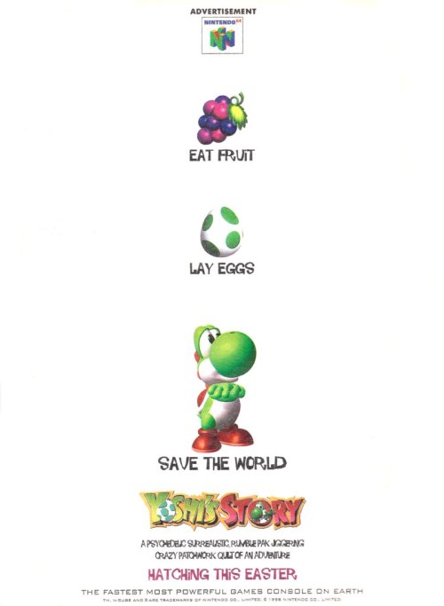 mumkhartheprick1: suppermariobroth: 1998 Yoshi’s Story print ad.Main Blog | Twitter | Patreon | Smal