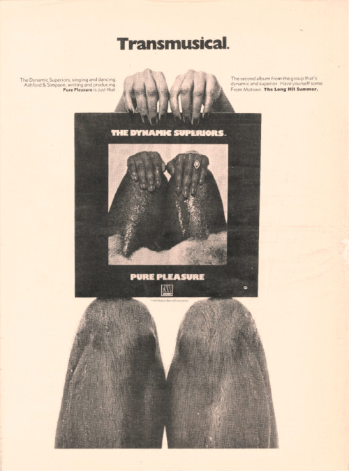 Ad for The Dynamic Superiors&rsquo; Pure Pleasure (1975, Motown): Led by the openly gay singer T