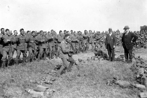 Maori soldiers perform a war haka on the Western Front, World War I.