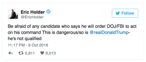 tyleroakley:  micdotcom:  Former US Attorney General Eric Holder shuts down Trump for threatening to jail Clinton In a rare series of tweets, former United States Attorney General Eric Holder slammed Donald Trump for threatening to abuse presidential