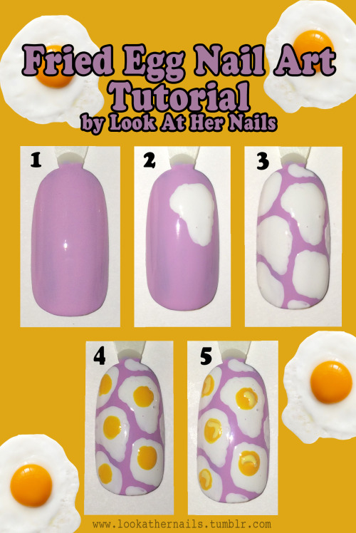 lookathernails: Fried egg nail art tutorial!1. Paint your base with a light purple polish.2. Using w