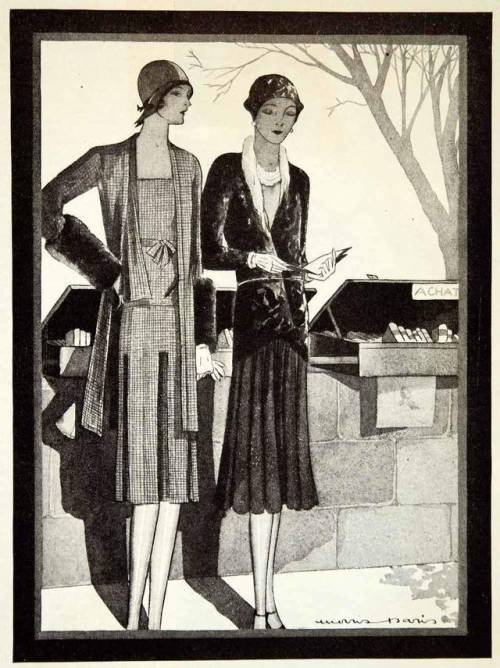 1929 black and white halftone print depicting Molyneux and Worth- the new silhouette lengthens all s