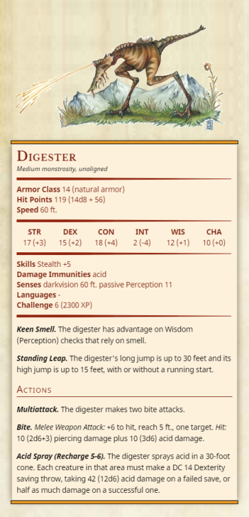 DigesterMedium monstrosity, unalignedArmor Class 14 (natural armor)Hit Points 119 (14d8 + 56)Speed 6