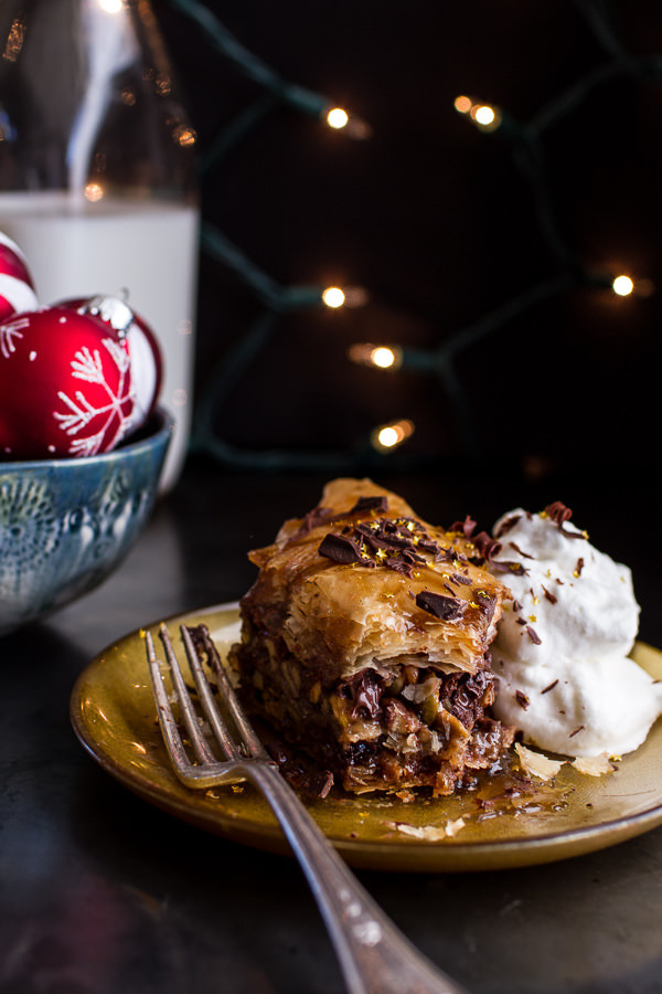 sweetoothgirl:  Chocolate “Candy Bar” Baklava with Butter Rum Sauce 