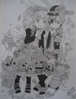 kamygg-chan:  (/*^*)/ Ciel and Lizzy AND AFTER 3 DAYS!! finish it *o* I love this anime and love these 2 &lt;3 , they are so cute together *3* and had desire to draw them and practice drawing flowers and animals and I found the original drawing and TO