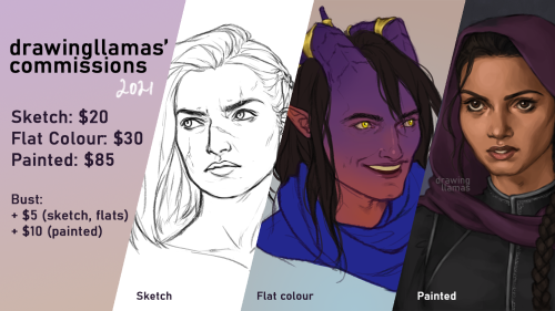 drawingllamas:  I’m opening some commission slots!Portraits only - slots for 3 sketches, 2 fla