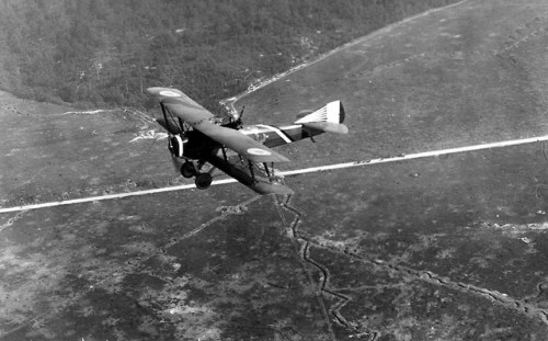 A French SPAD S.XVI two-seat biplane reconnaissance aircraft flyingover the Compeign Sector (France,