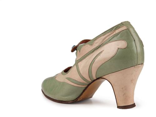 Louis heels strap pumps with olive leather upper and cream leather applique.Great Britain1920sShoe-I