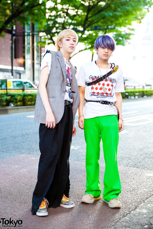 Japanese teens Yukinari and Ritsuki  on the street in Harajuku wearing remake and vintage fashion pl