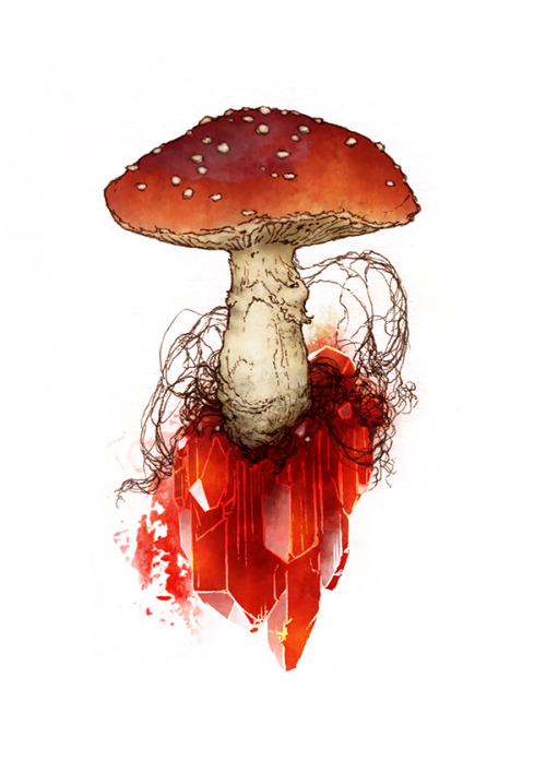 Inktober 3- A lot less healthy than yesterday’s: Fly amanita and realgar (arsenic sulfide crystals, 