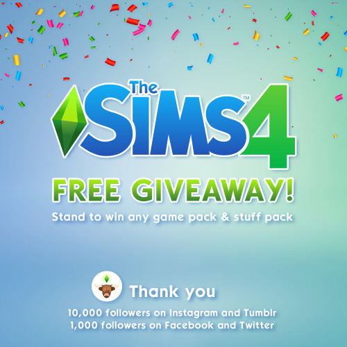 PRIZE : Any game pack or stuff pack of your choiceONE WINNER WILL BE CHOSEN RANDOMLY FROM REBLOG. RU