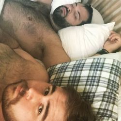 twobearstwojeeps:  Sometimes I’m nice and let AG sleep in. Sometimes. #sleepylion #gay #gaybears #gaybeard #scruff #boyfriend #furry #gaymuscle #mustache #beard #bearsofinstagram #allthehashtags  These two are such a cute couple.